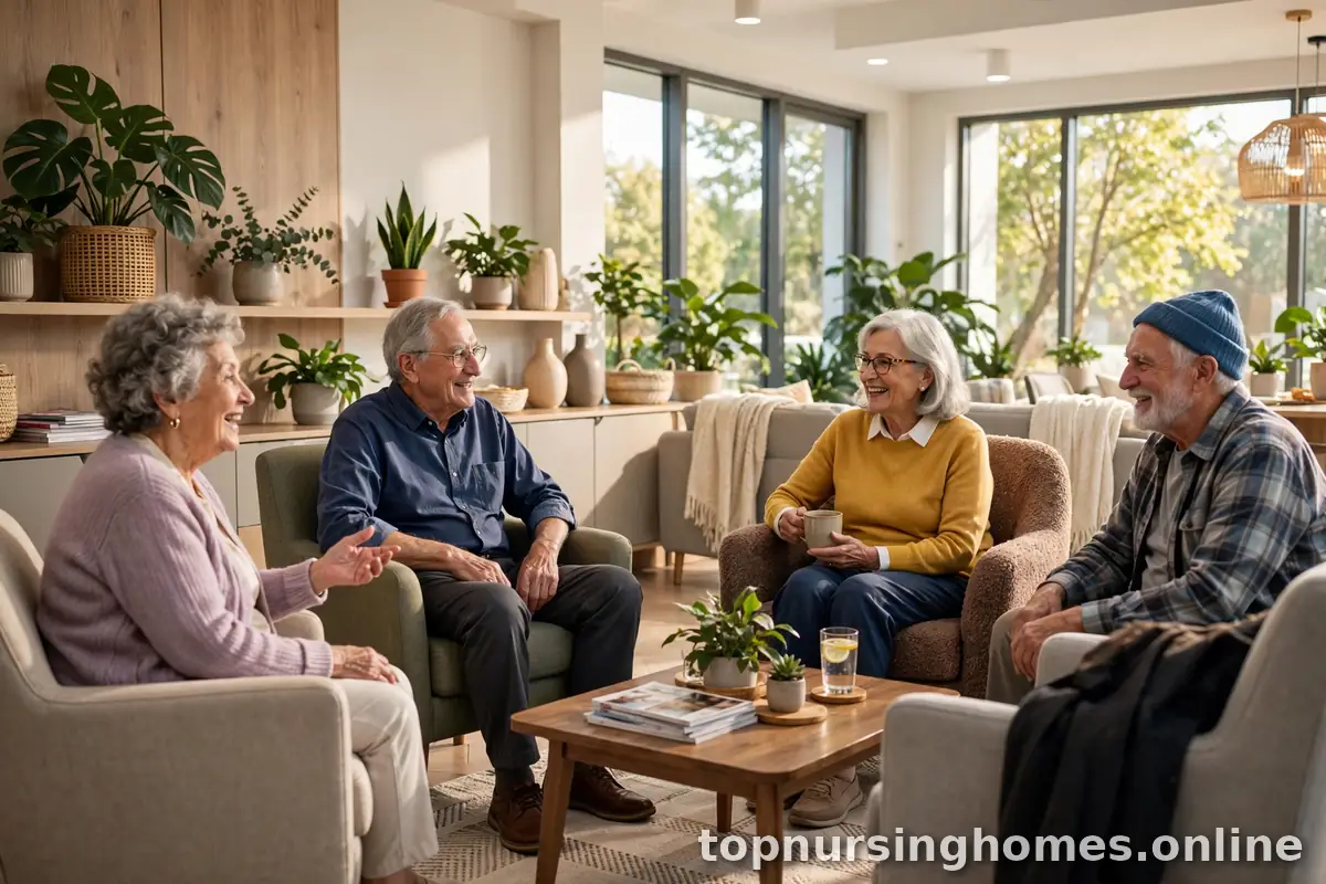 Bright modern assisted living common area with residents socializing