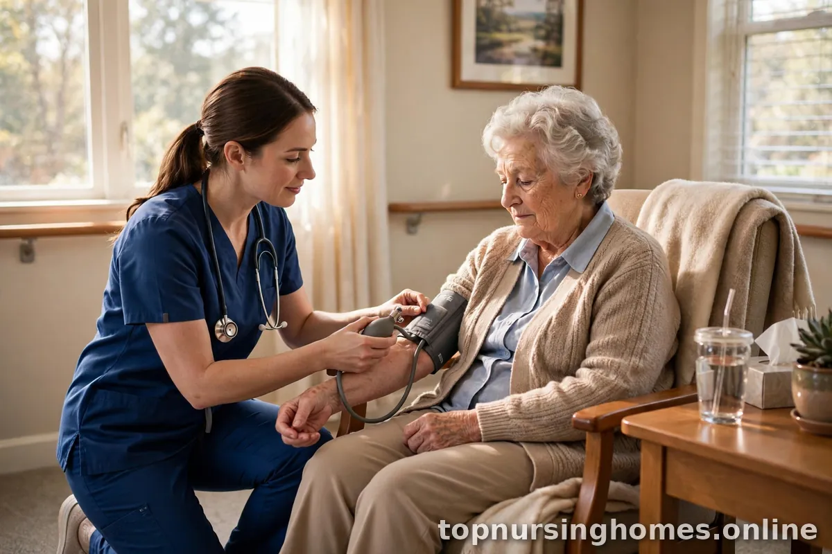 Nurse providing skilled care to a senior resident in a nursing home room
