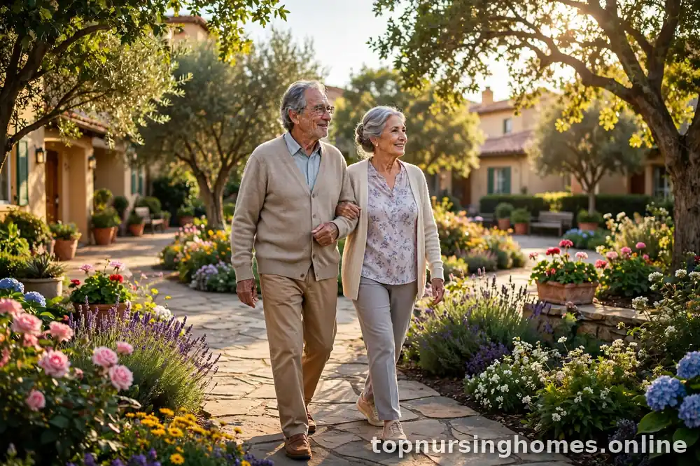 Senior couple walking together in a sunny retirement community garden courtyard