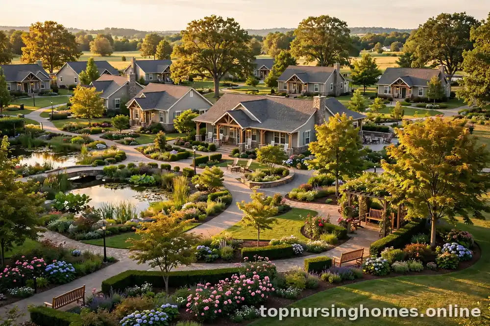 Continuing care retirement community campus with cottages, gardens, and walking paths