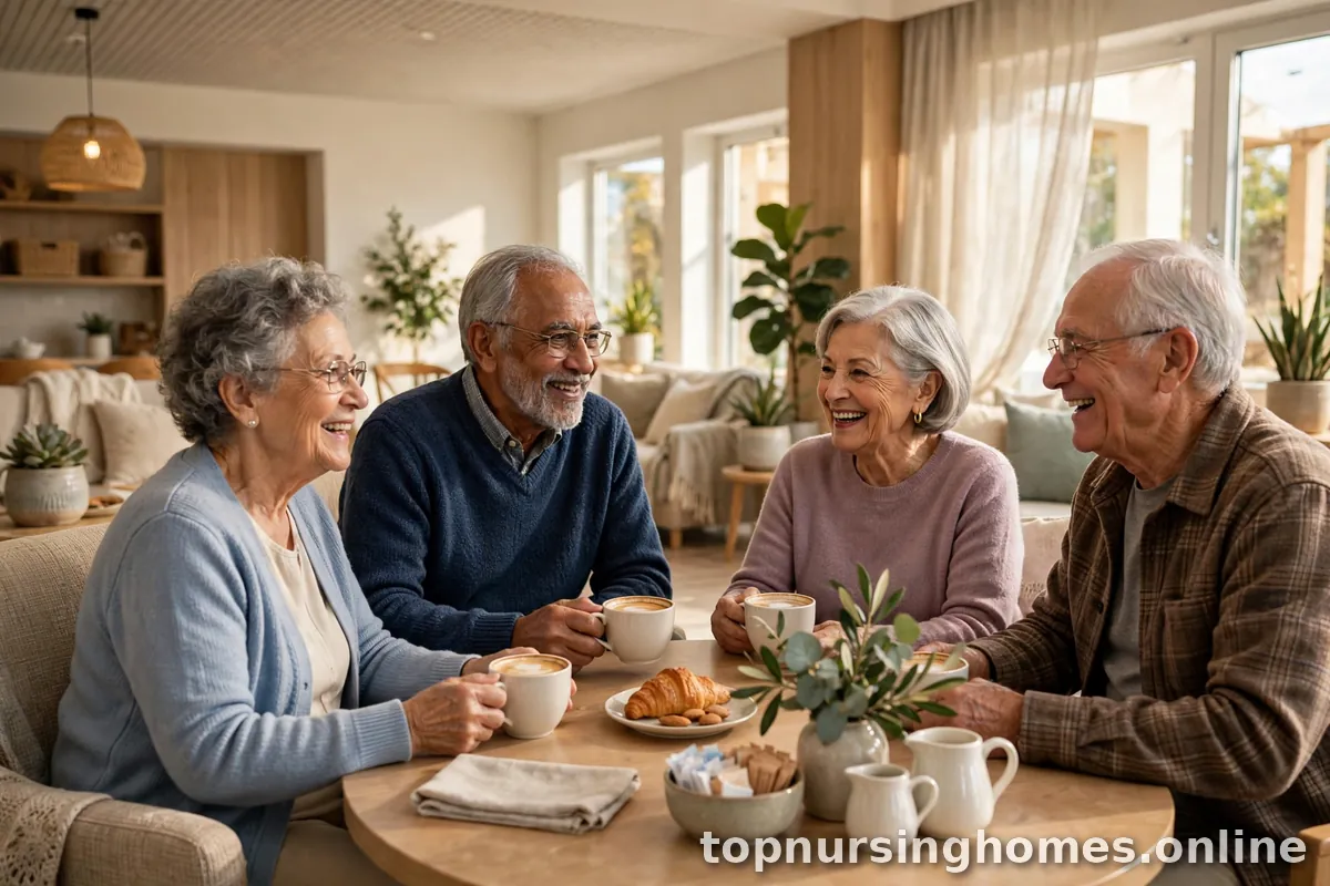 Seniors socializing over coffee in a retirement community clubhouse