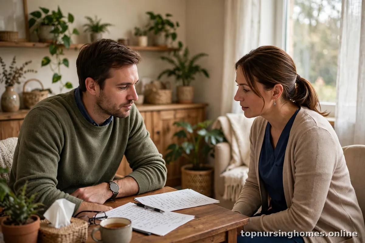 Family member discussing care notes with a staff member at a small table in a warm consultation corner