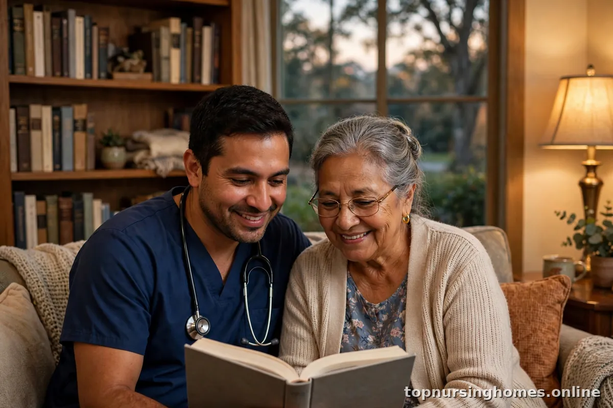 Nurse reading a book together with an elderly woman in a cozy memory care reading nook