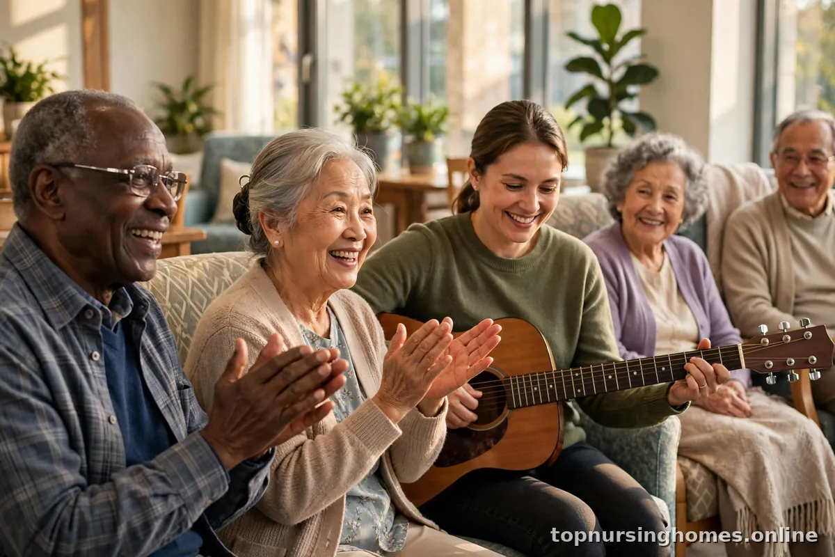 Seniors clapping along as a caregiver plays guitar during a music activity in a bright lounge