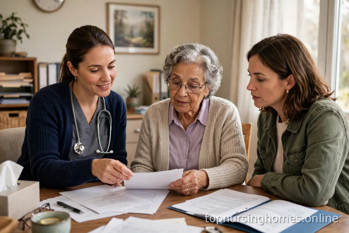 Caring staff member reviewing paperwork with an elderly resident and family in a nursing home office