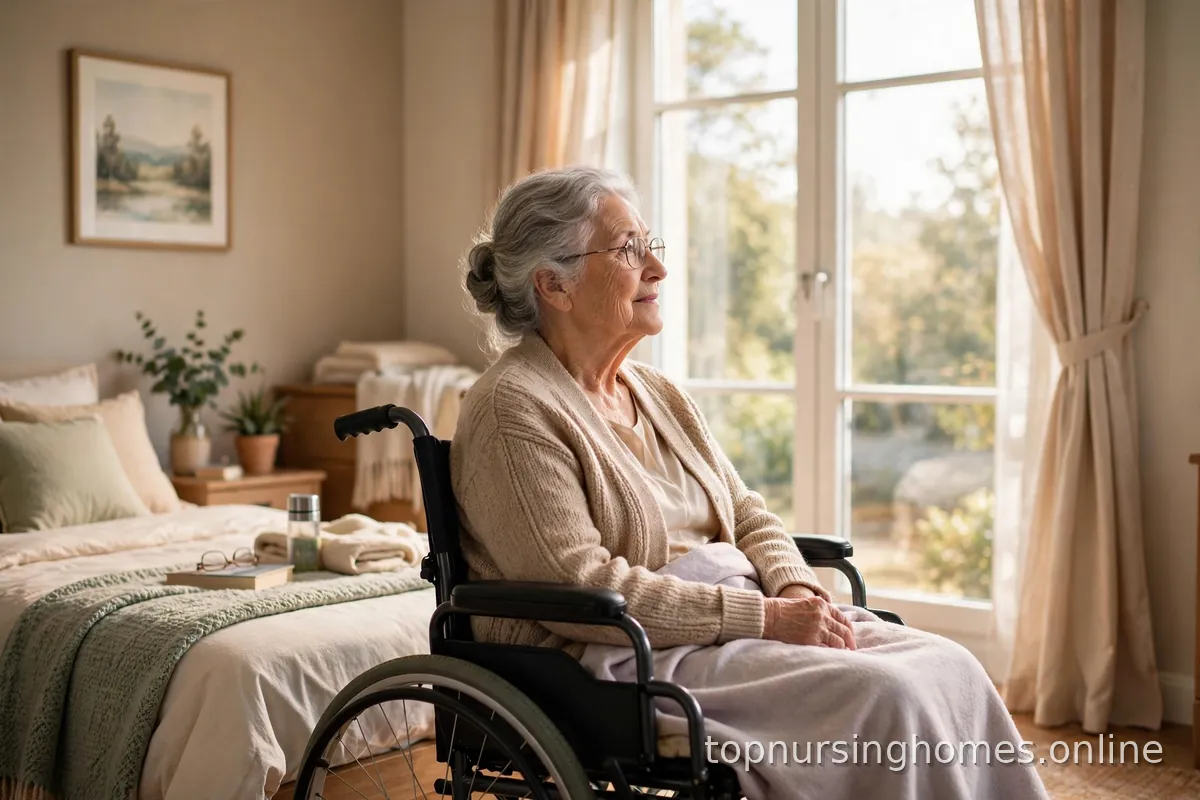 Senior woman looking out a bright window in a comfortable nursing home room