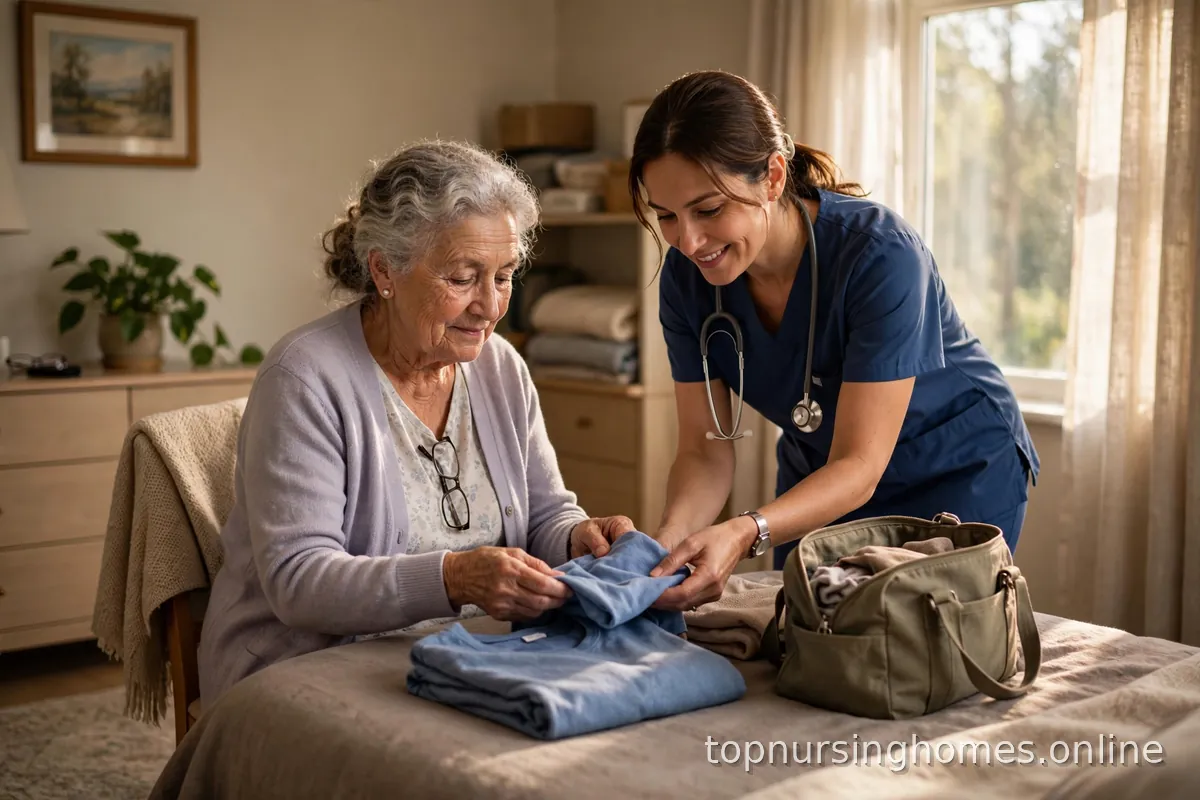 Nurse helping an elderly resident pack belongings gently in a warm, dignified setting