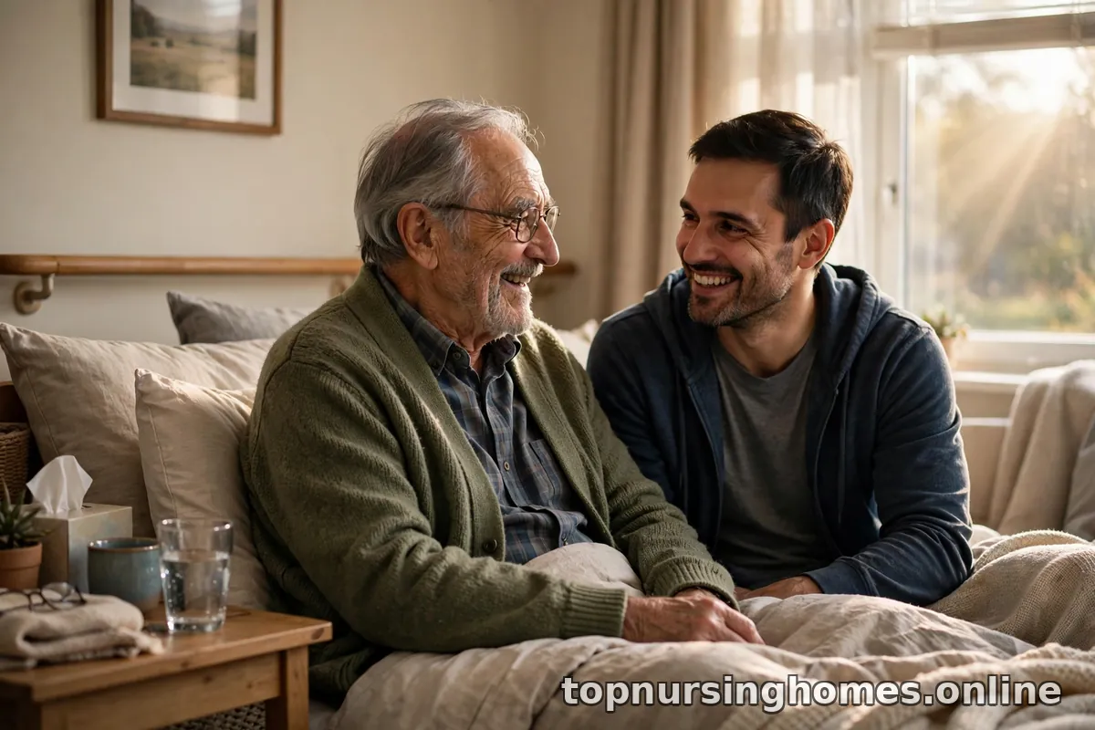 Adult son and elderly father sitting together on a comfortable bed in a warm nursing home room, talking and smiling