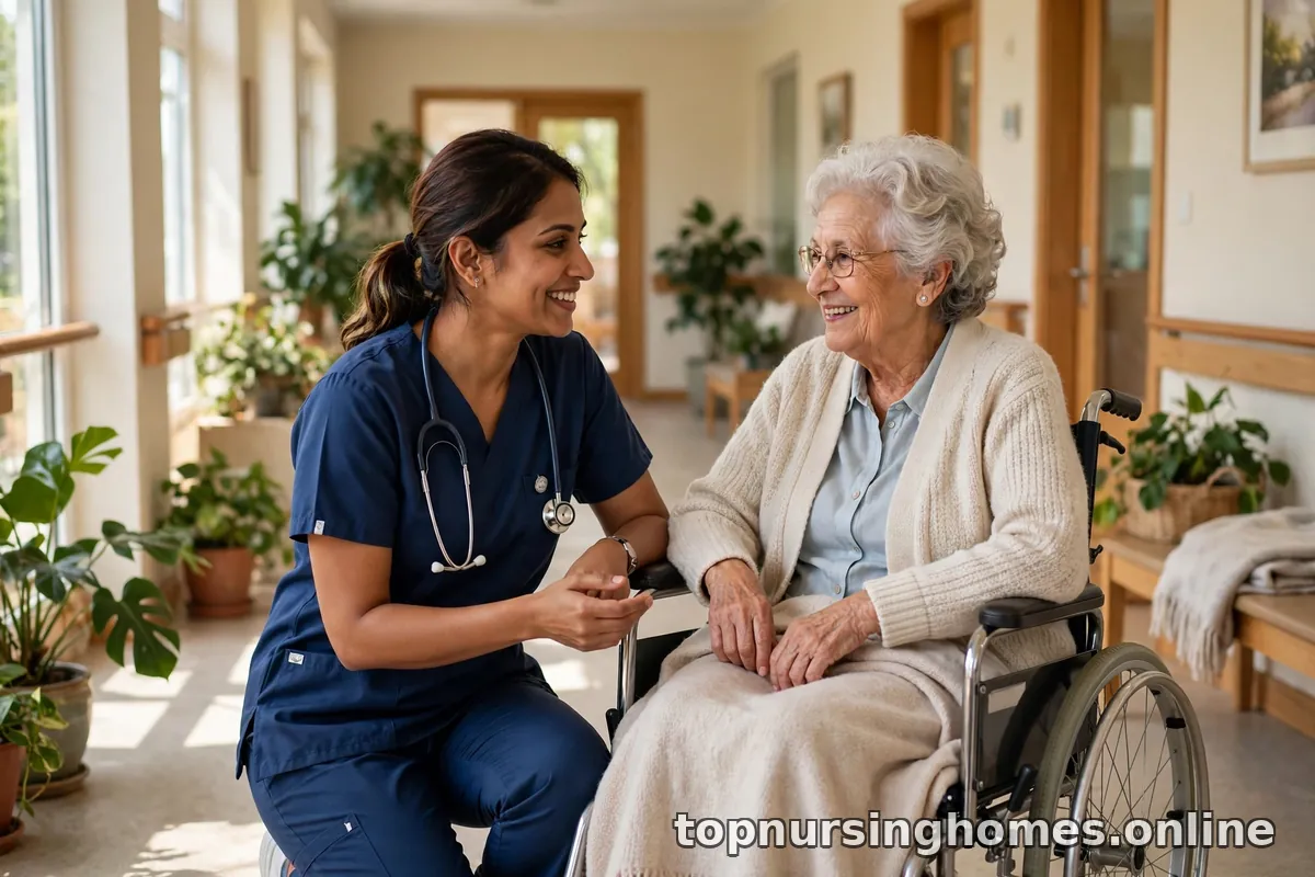 Friendly nurse kneeling beside an elderly woman in a wheelchair in a sunny nursing home hallway, chatting warmly