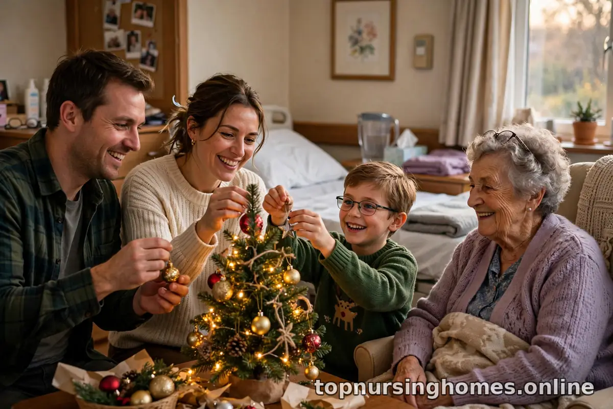 Family decorating a small Christmas tree with an elderly grandmother in her nursing home room, everyone smiling