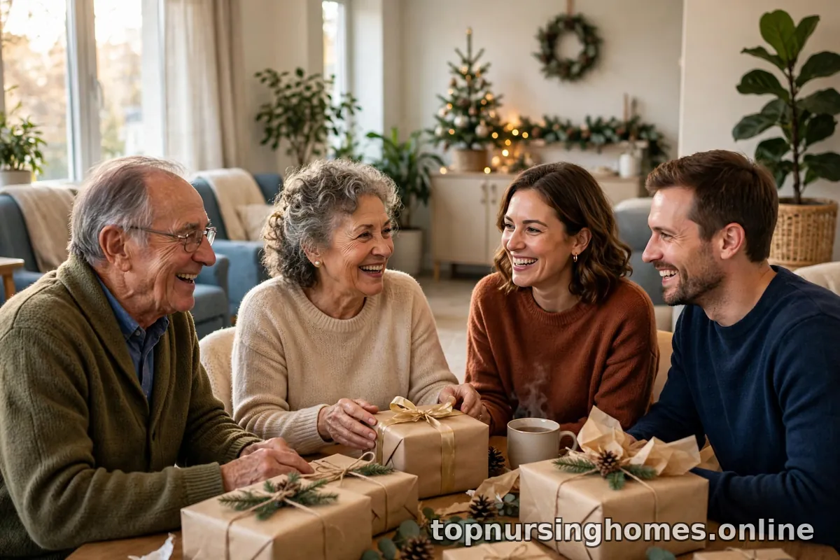 Elderly couple opening holiday gifts with their adult children around a table in a nursing home lounge