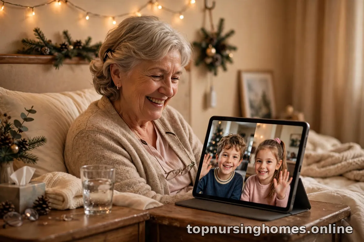 Grandchildren video-calling their grandmother on a tablet propped on her nursing home bedside table, holiday decorations behind