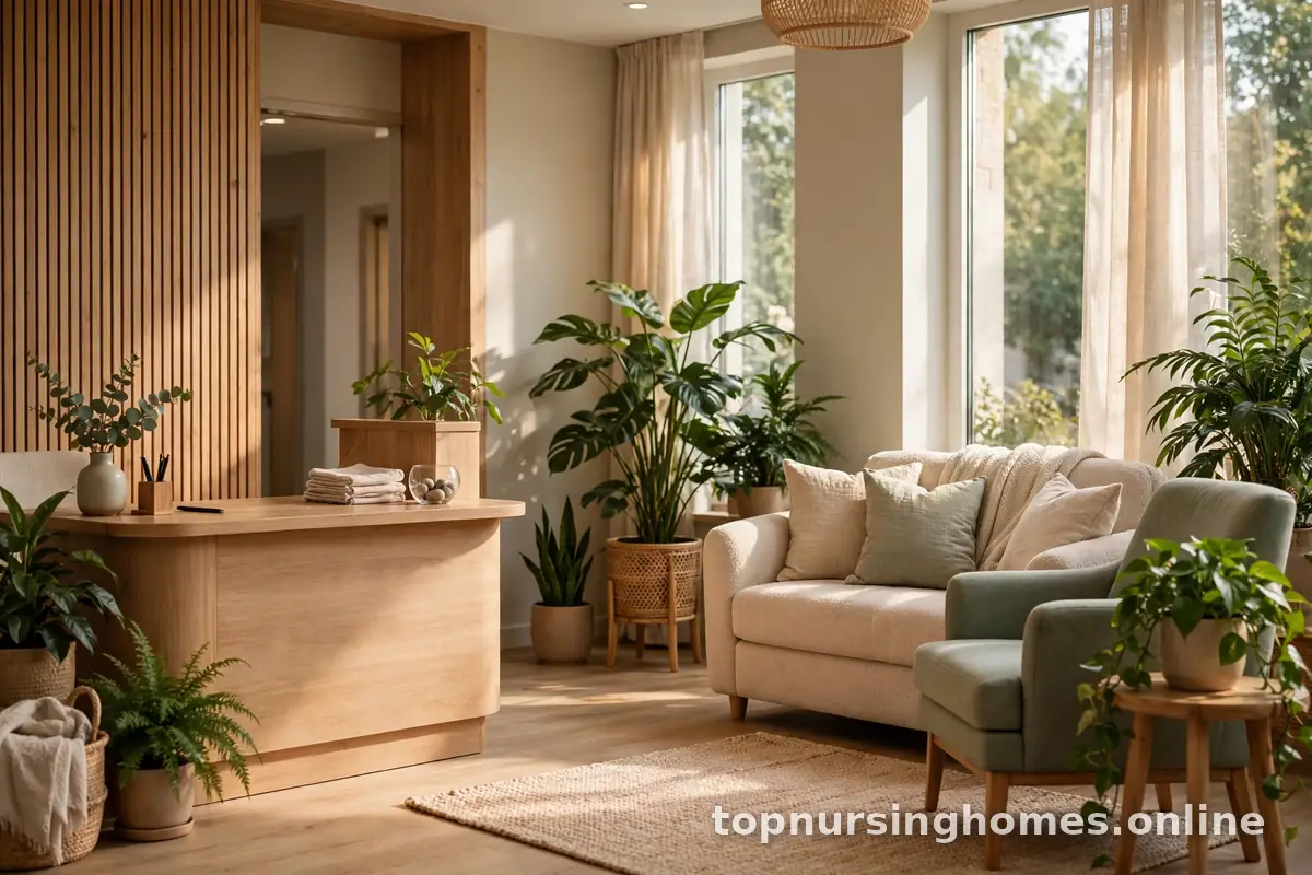 Welcoming reception area of a Medicare-certified skilled nursing facility with soft seating and plants