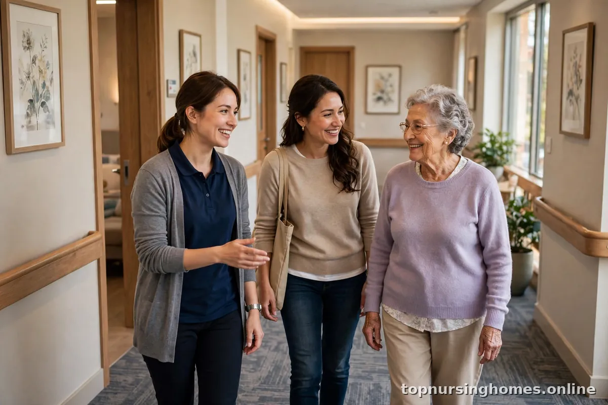 Staff member guiding a daughter and her elderly mother on a tour of a bright memory care hallway