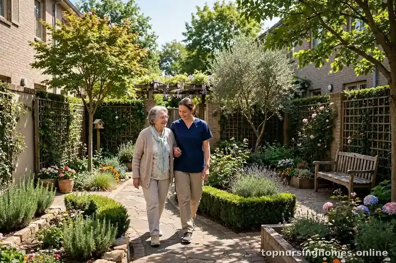 Elderly woman strolling with a caregiver in a secure enclosed courtyard garden