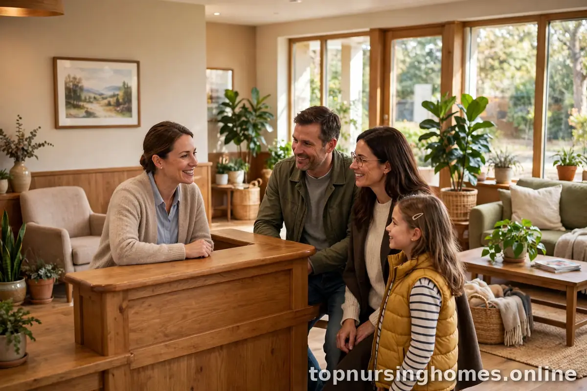 Warm, welcoming nursing home lobby with a family speaking to a receptionist
