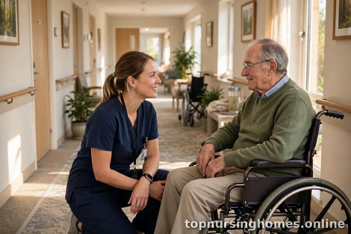 Caregiver kneeling beside a senior resident, talking kindly in a bright hallway