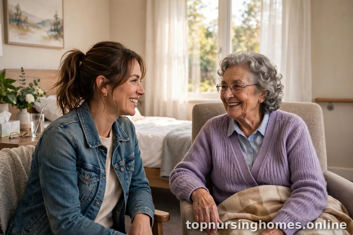 Daughter visiting her elderly mother in a bright, comfortable resident room