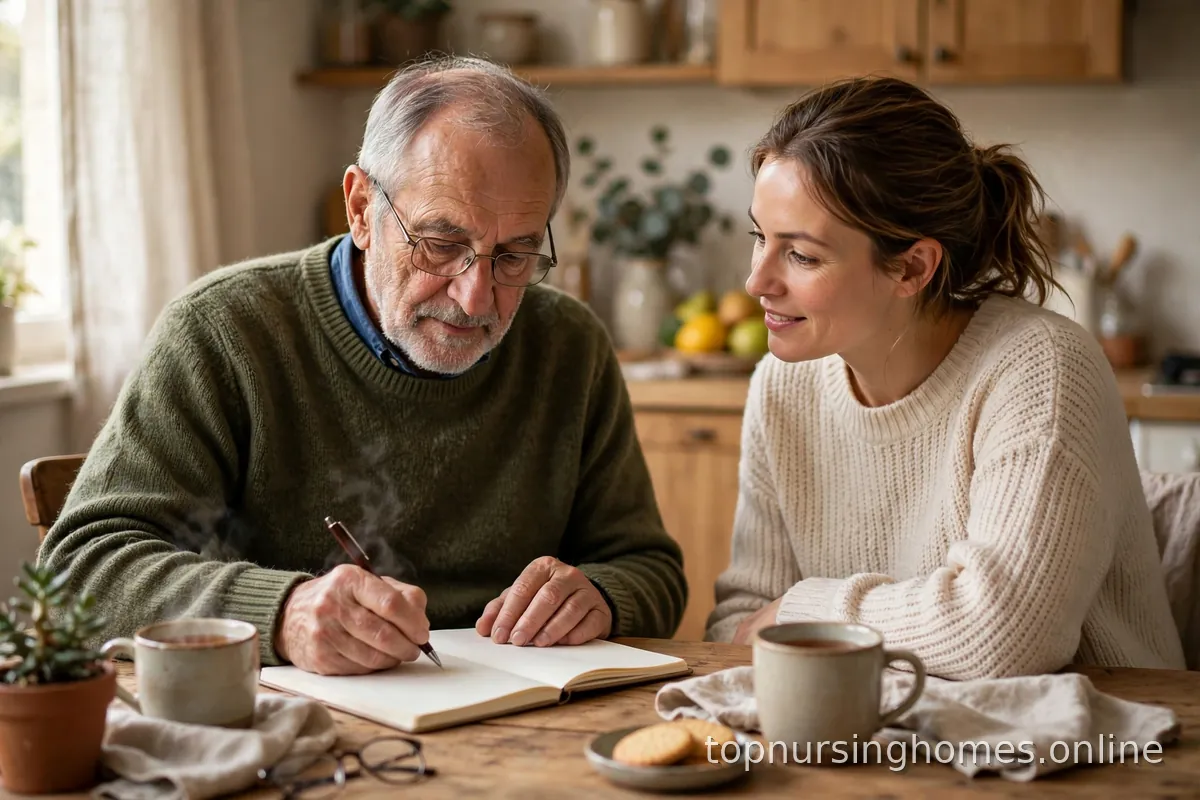 Senior man writing notes at a table while a family member listens supportively