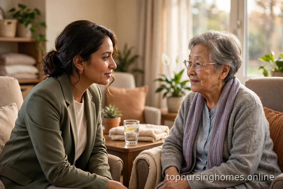 Professional advocate speaking with an elderly resident in a comfortable nursing home lounge