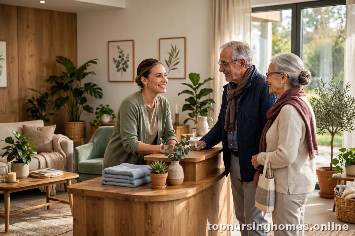 Friendly staff member greeting visitors in a bright nursing home lobby