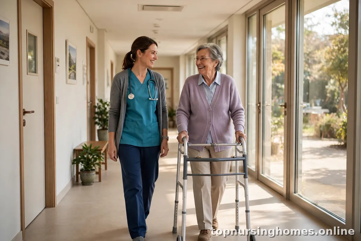 Caregiver walking with an elderly woman using a walker down a sunny nursing home hallway