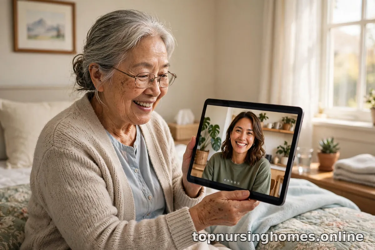 Adult daughter on a video call with her smiling elderly mother, who is sitting in a bright nursing home room