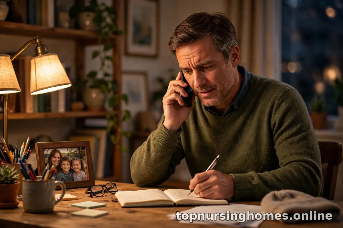 Middle-aged man on the phone in a home office with a notebook, coordinating care plans