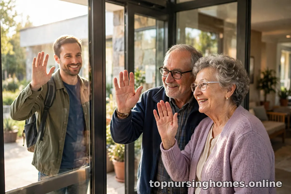 Elderly parents waving goodbye to their adult son at a nursing home entrance during a visit