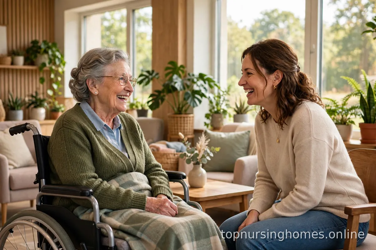 Smiling elderly woman talking with a friendly visitor in a bright nursing home common room