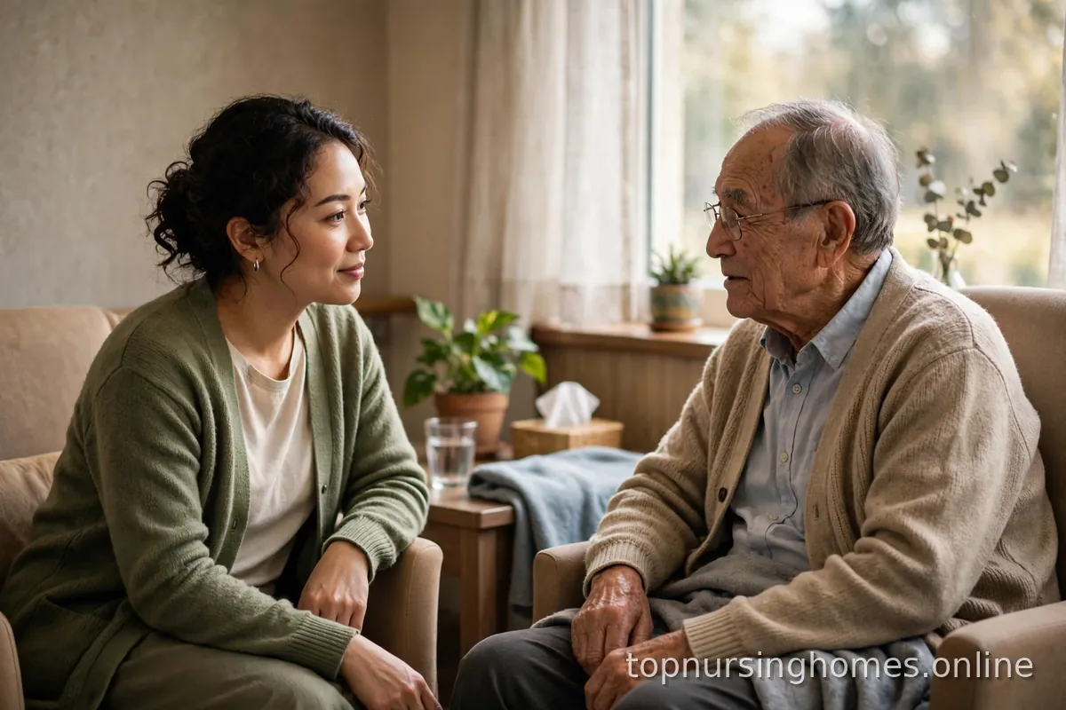 Compassionate advocate listening to a senior man during a private conversation in a care facility