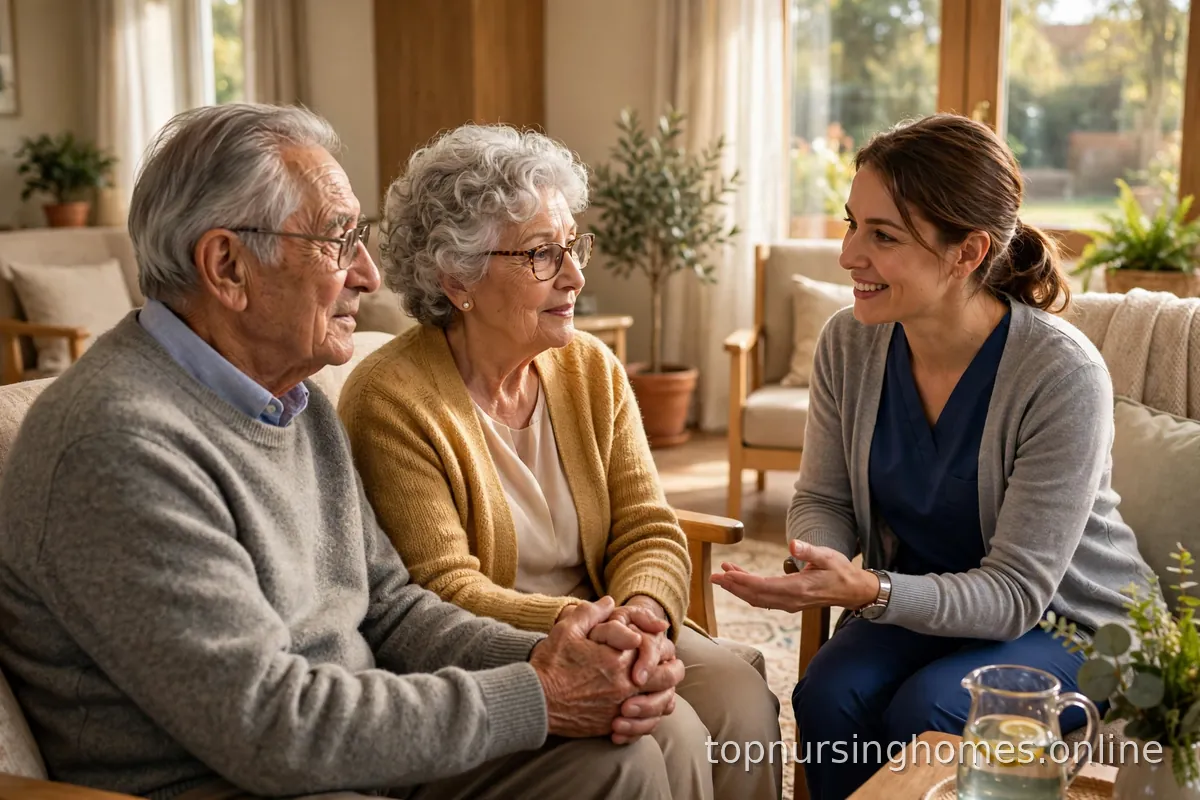 Elderly couple holding hands while talking with a caring professional at a nursing home