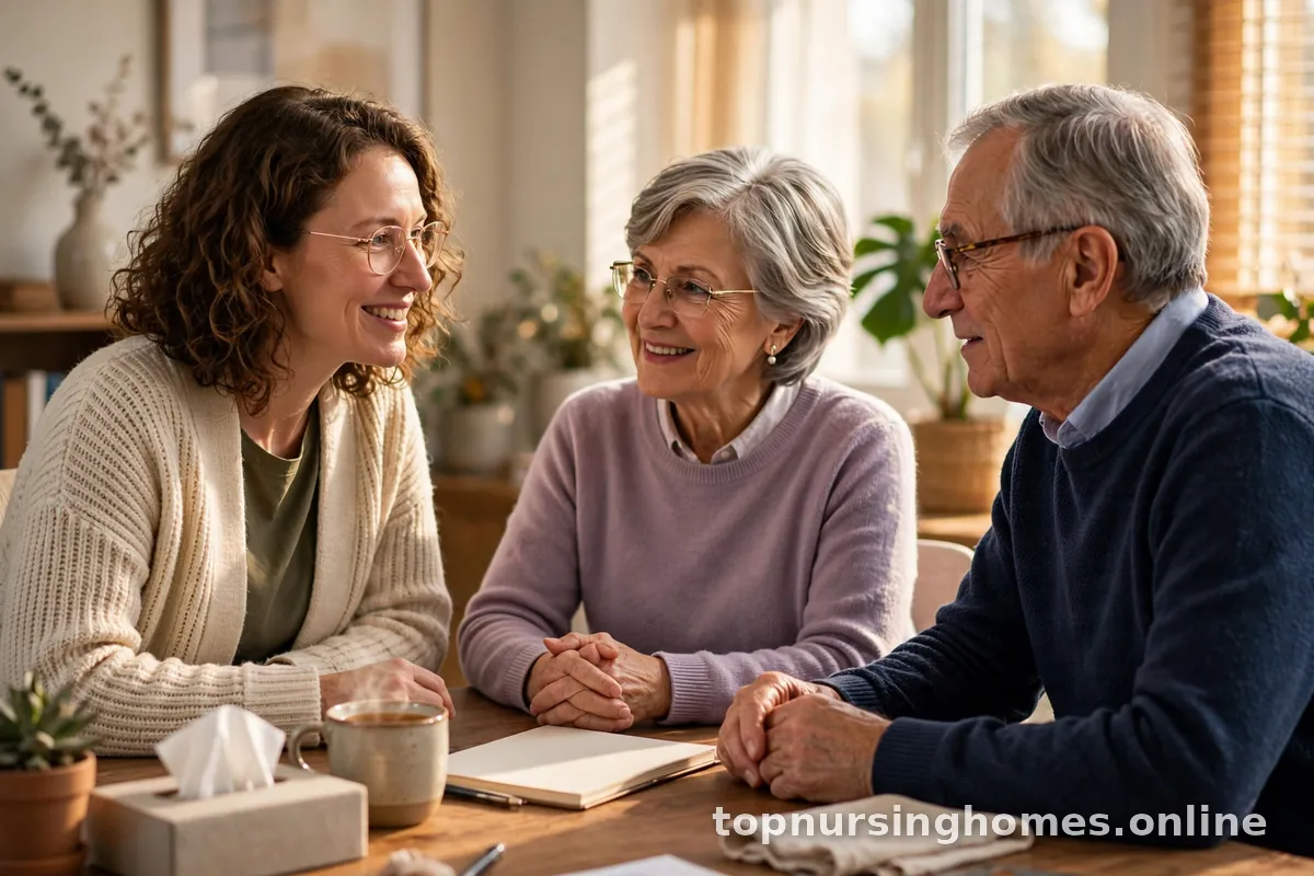 Counselor helping an older couple with paperwork in a warm, bright office
