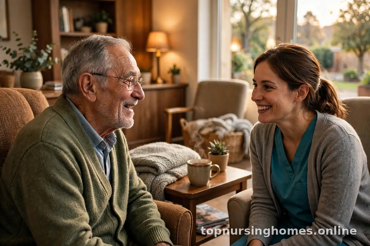 Elderly man chatting with a smiling caregiver in a cozy nursing home common room