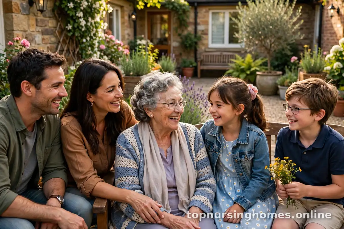 Happy family visiting their grandmother in the sunny garden courtyard of a care home