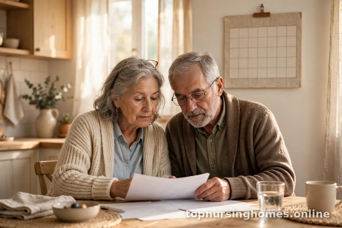 Senior couple reviewing papers and a calendar together at a bright kitchen table