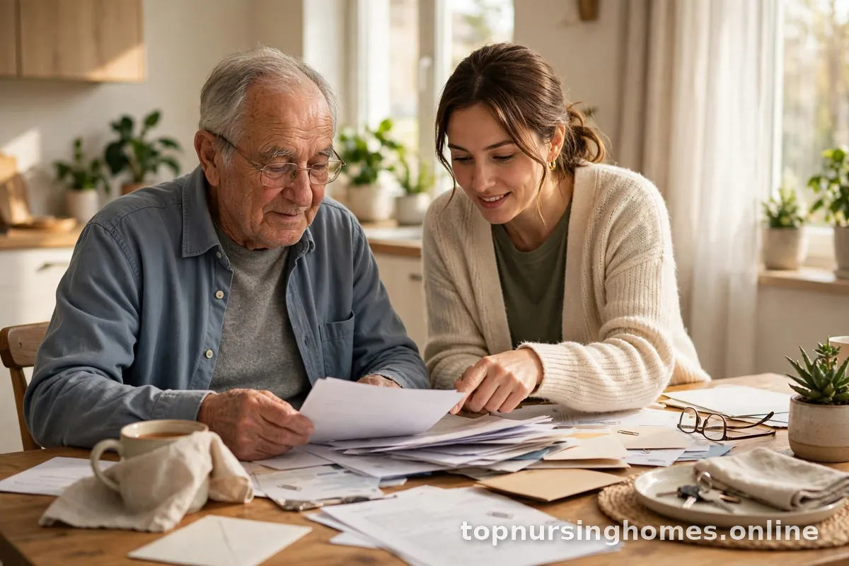 Adult daughter helping her elderly father sort through plan documents at a dining table