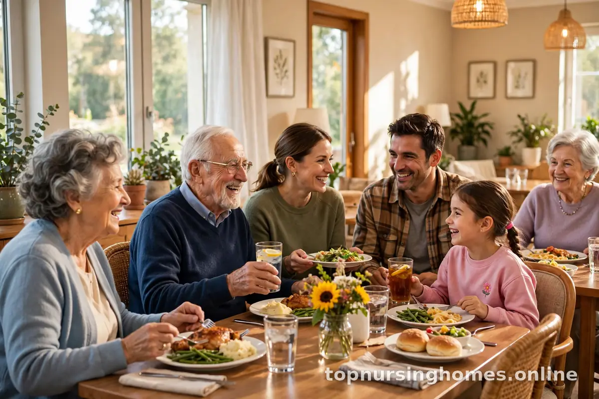 Bright nursing home dining room where residents and visiting families share a meal together