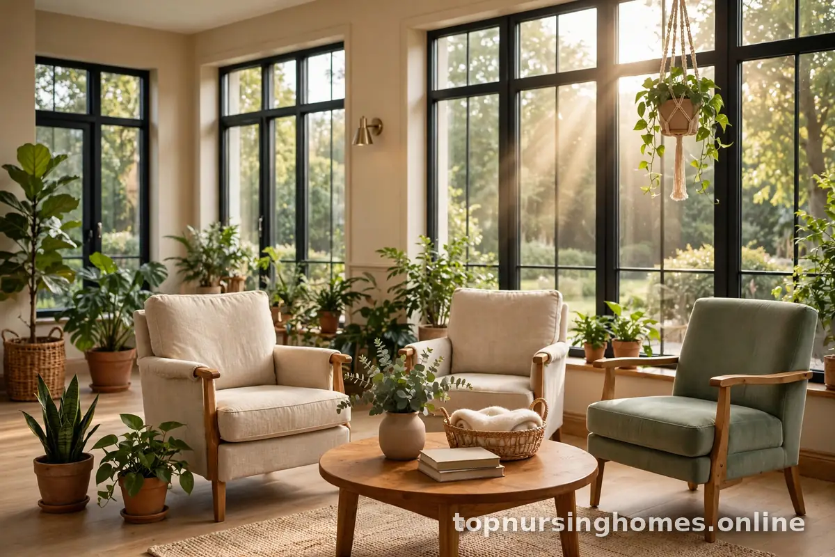 Bright, welcoming nursing home lobby with comfortable armchairs, plants, and warm natural daylight