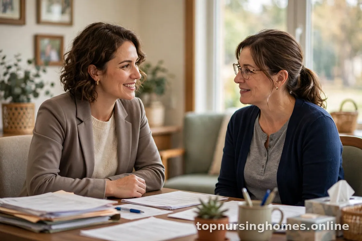 Family member discussing paperwork with a friendly admissions counselor at a bright office desk