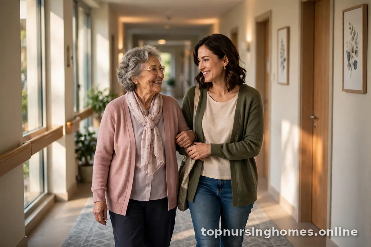 Adult daughter walking arm-in-arm with her elderly mother through a sunlit nursing home hallway