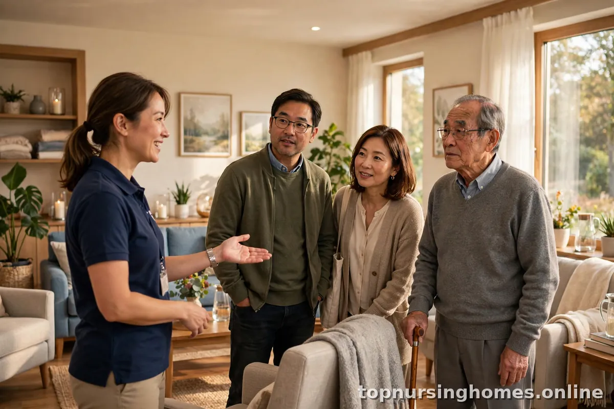Family touring a nursing home common room with a staff guide