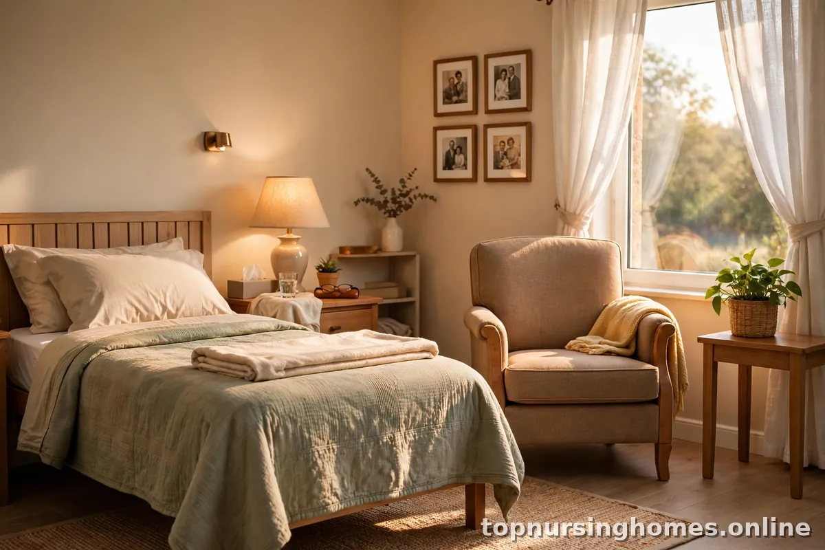 Bright, comfortable nursing home resident bedroom with a sunny window