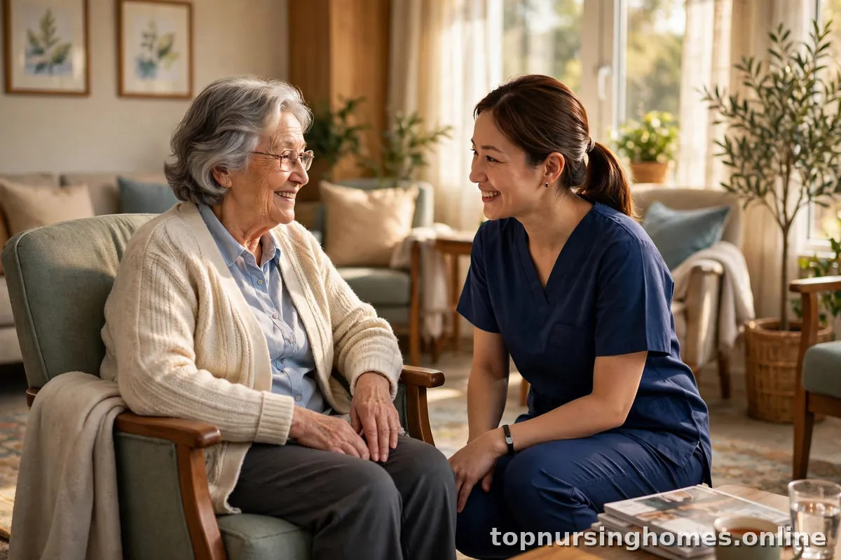 Nurse aide talking kindly with an elderly resident in a nursing home lounge
