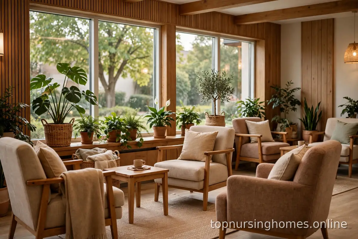 Warm, welcoming nursing home lobby with comfortable seating and natural light