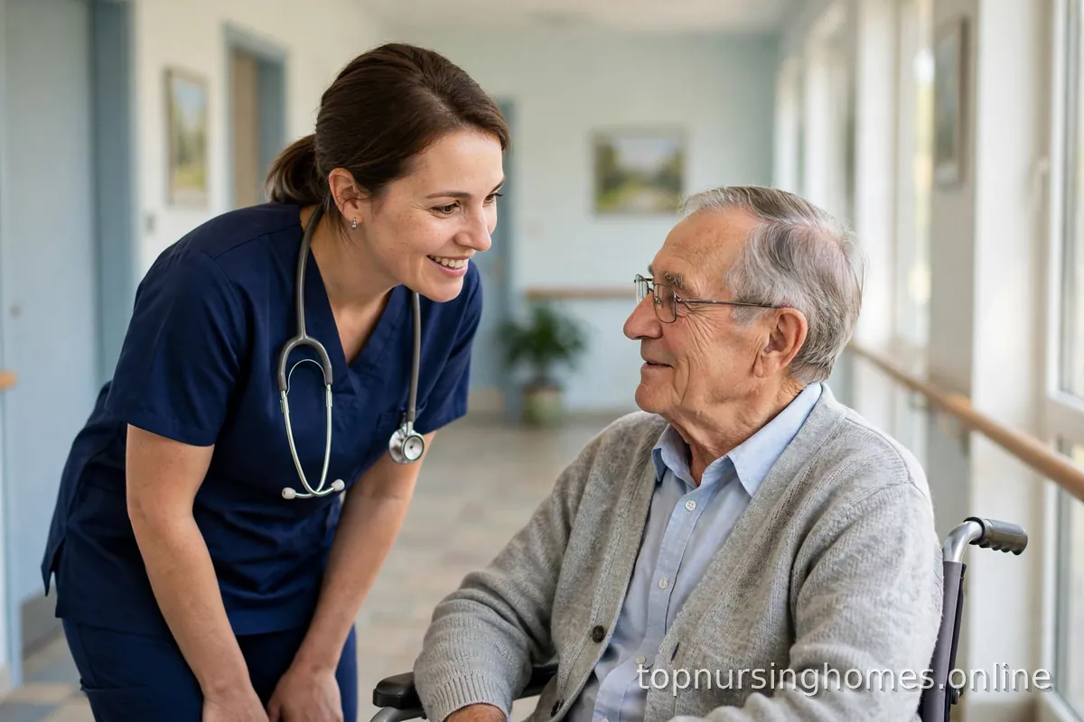 Caregiver speaking kindly with an elderly resident in a bright care home corridor