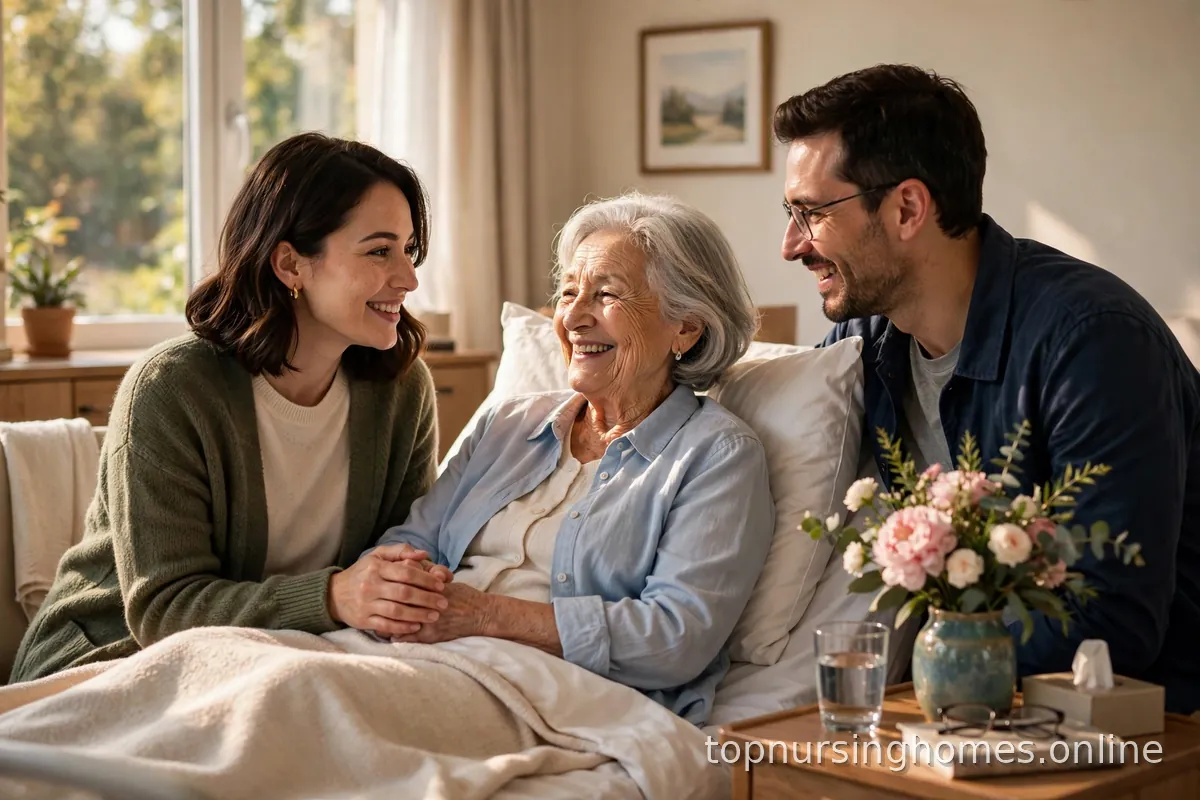 Family visiting an elderly woman in a bright, comfortable nursing home room