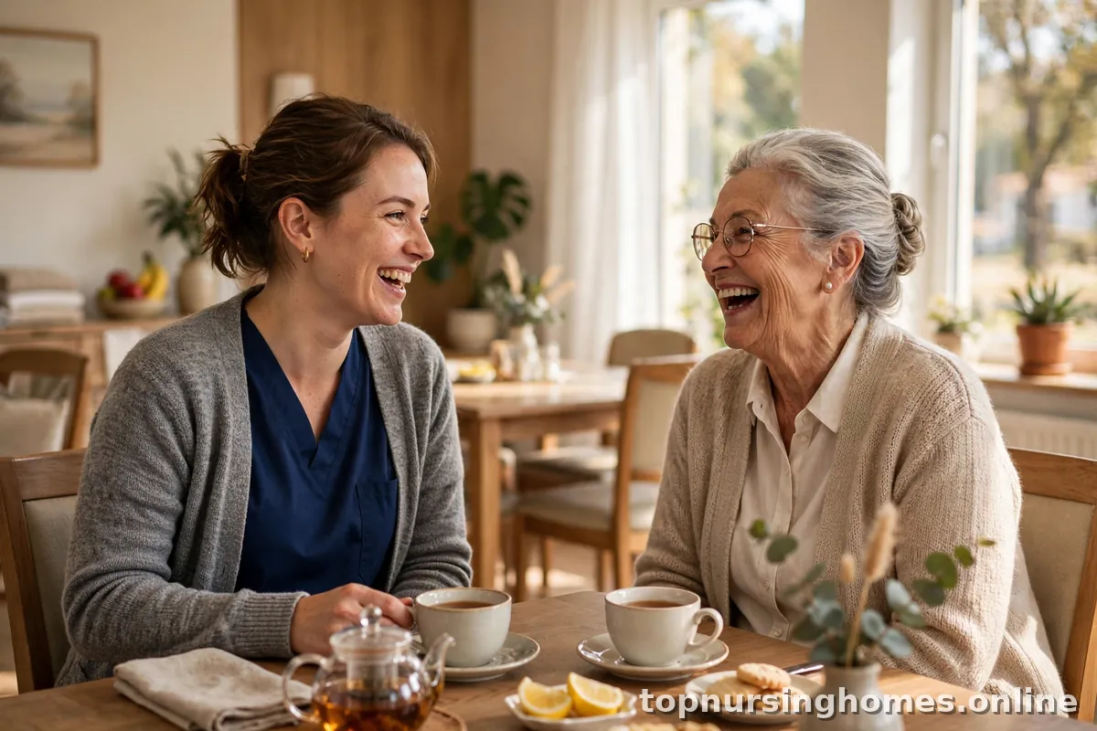 Nurse aide and senior woman laughing together over tea in a nursing home dining room