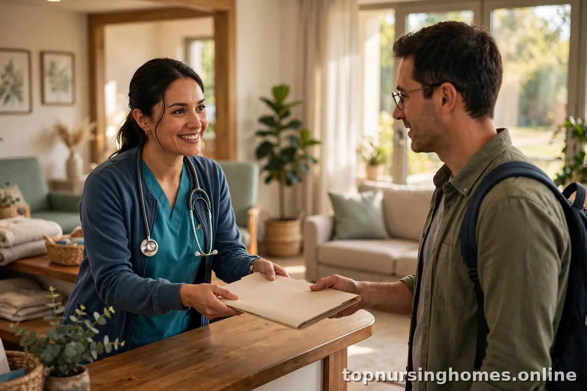 Nurse at a nursing home reception desk handing a folder to a visiting family member