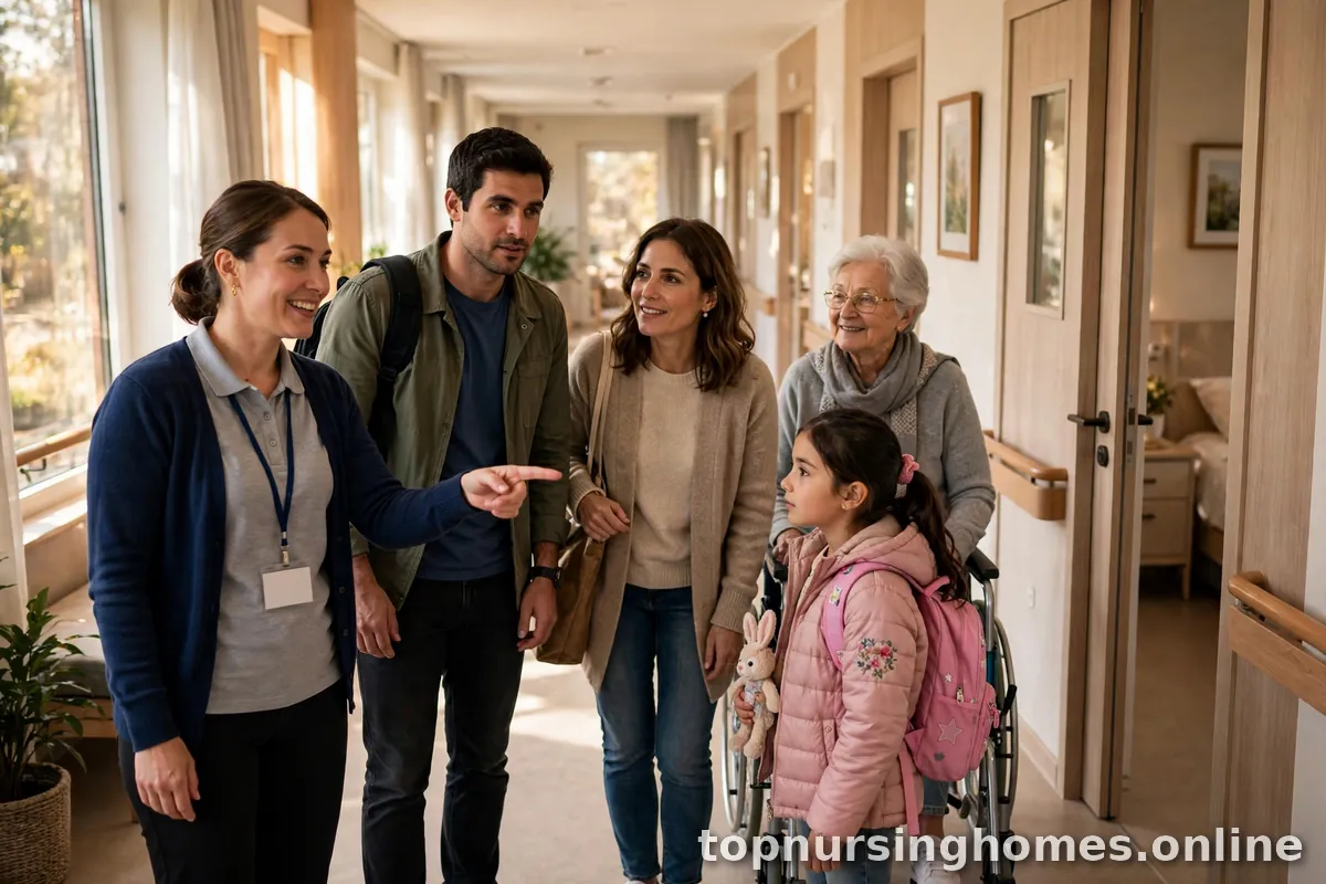 Family touring a bright nursing home hallway with a friendly staff guide